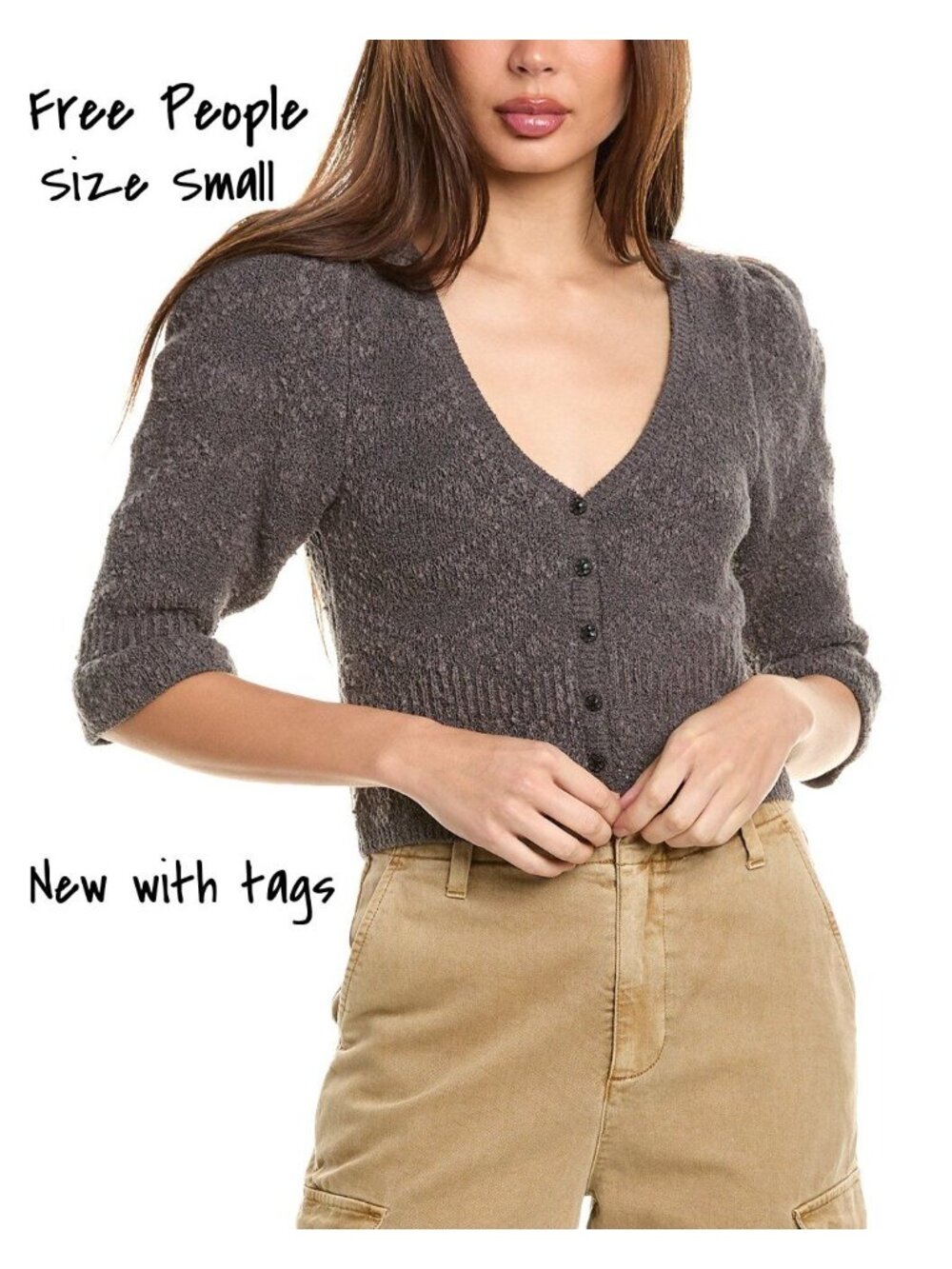 Free People Puff Sleeve Cropped Cardigan in Grey, Size Small - New with Tags
